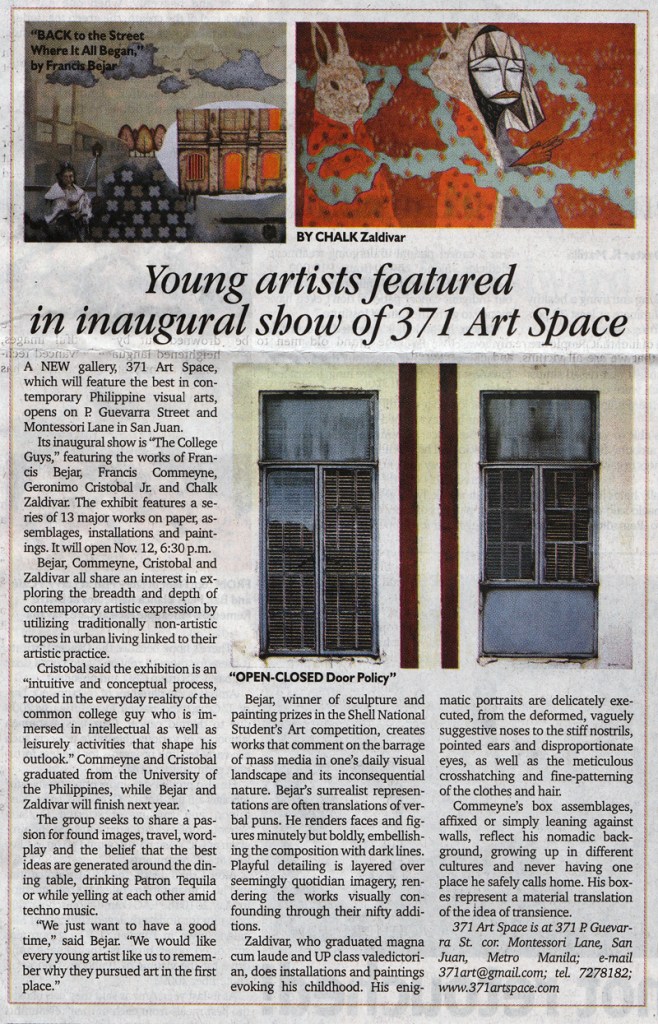 Un periódico que presenta una exhibición de arte en 371 Art Space, destacando a jóvenes artistas como Francis Bejar, Geronimo Cristobal y Chalk Zaldivar.
