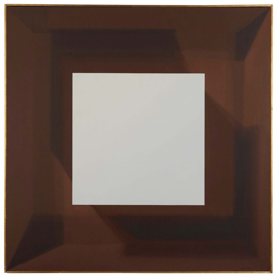 Samia Halaby (Palestine), White Cube in Brown Cube, 1969, Oil on canvas, 48 x 48 in. Collection of the Barjeel Art Foundation, Sharjah, UAE