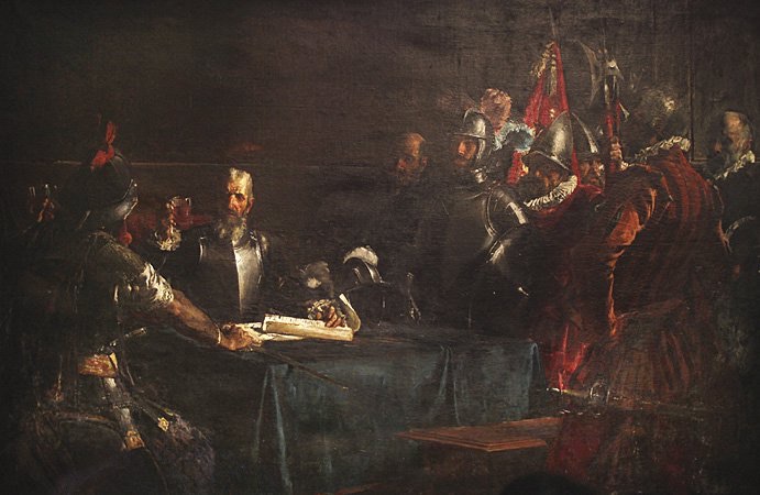 Painting depicting a historical scene of a pact being signed at a table, with soldiers and figures in period attire surrounding a central character, emphasizing their interaction.