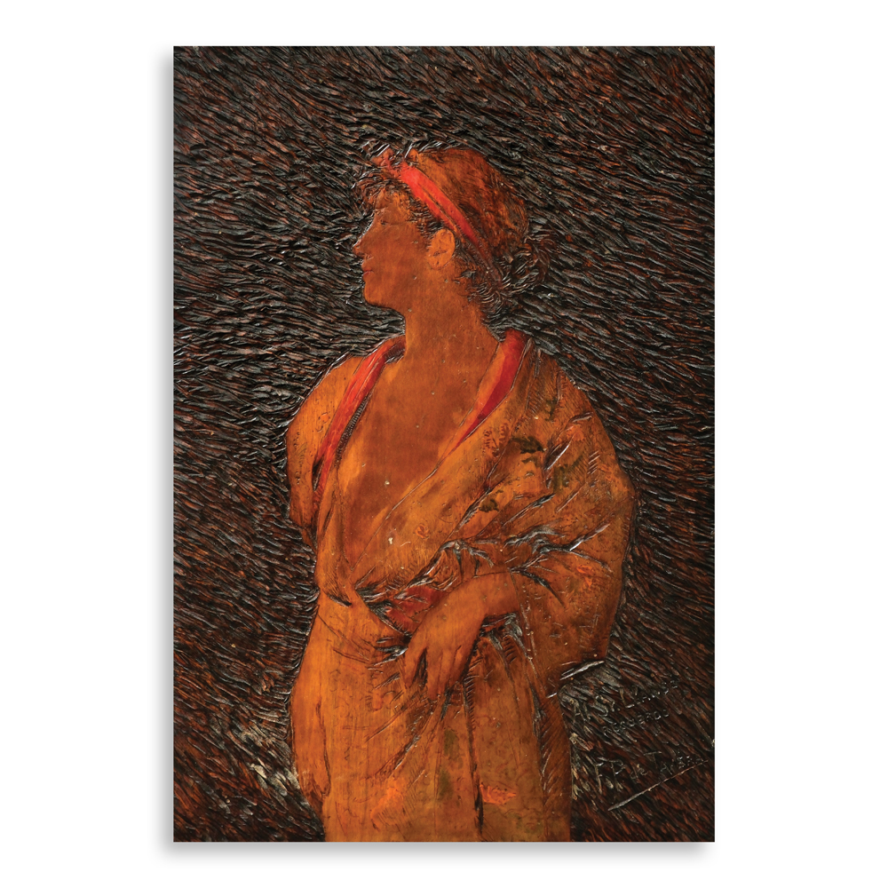 Félix Pardo de Tavera y Gorricho (1859–1932). Roman Woman. ca. 1892. Oil on pyro-engraved wood, 50 × 34 cm (19 3/4 × 13 1/2 in.). Signed with the dedication “Al Sr. Llansó, recuerdo” at lower right.